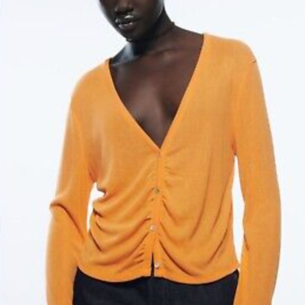 Zara Womens Size Small Orange V-Neck Button Front Shirt Long Sleeve NWT